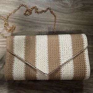 Striped Tan and Cream Clutch with Gold Chain